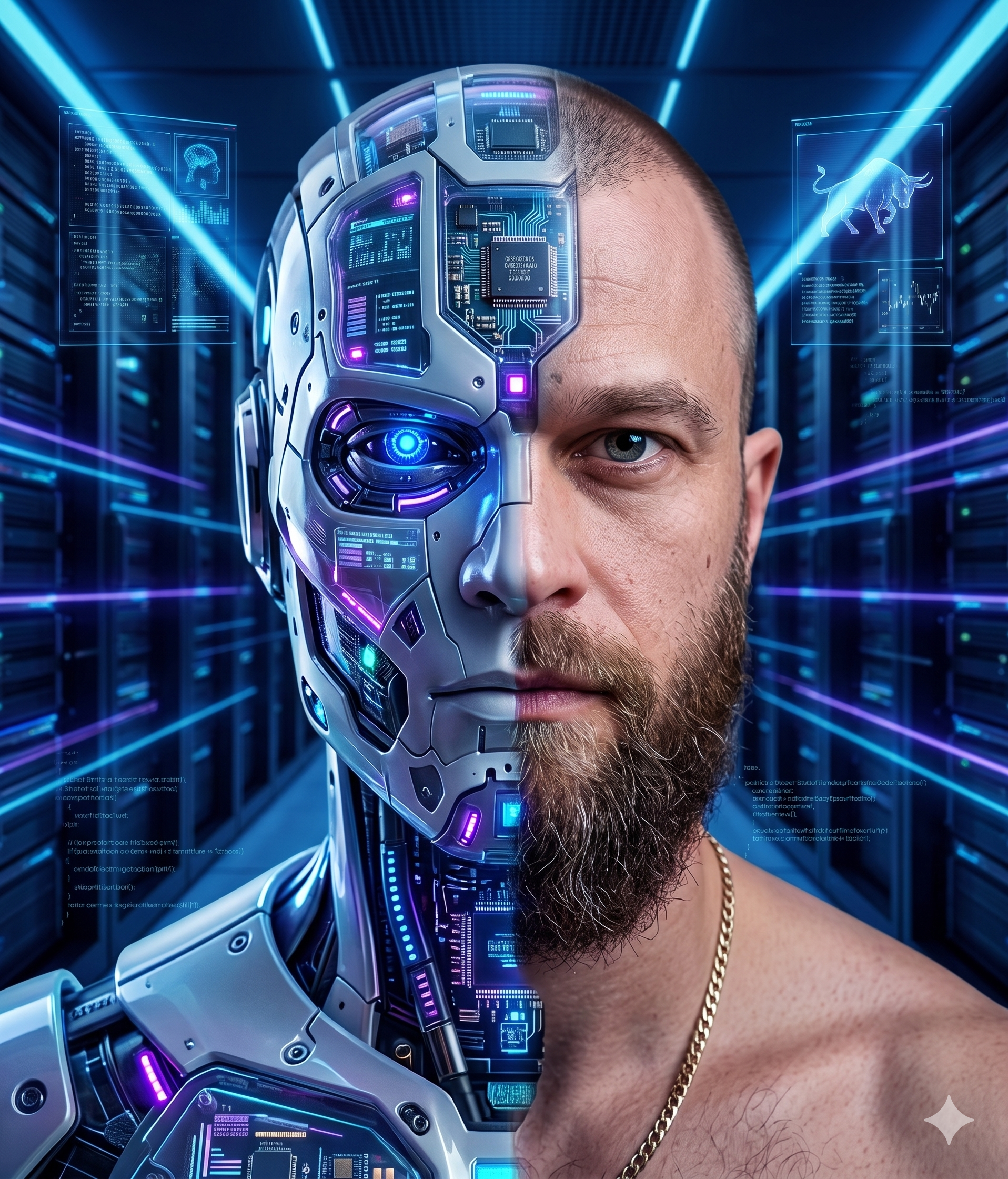 Bull The AI Prophet cybernetic profile portrait